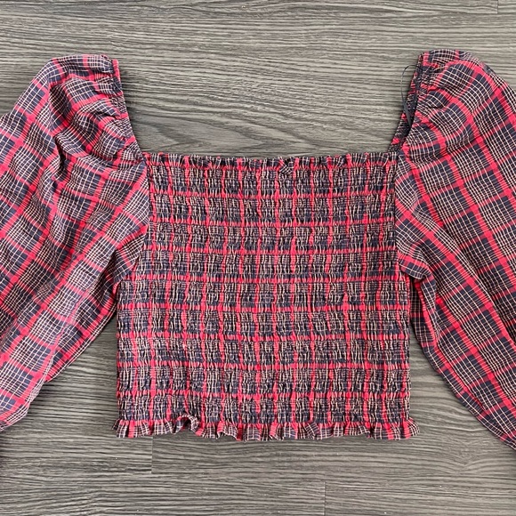 Zara Plaid Smocked Puff Sleeve Crop Top - Picture 3 of 5